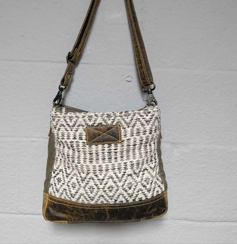 Myra Bag Western Blanket Leather Trim Distressed Canvas Shoulder / Crossbody